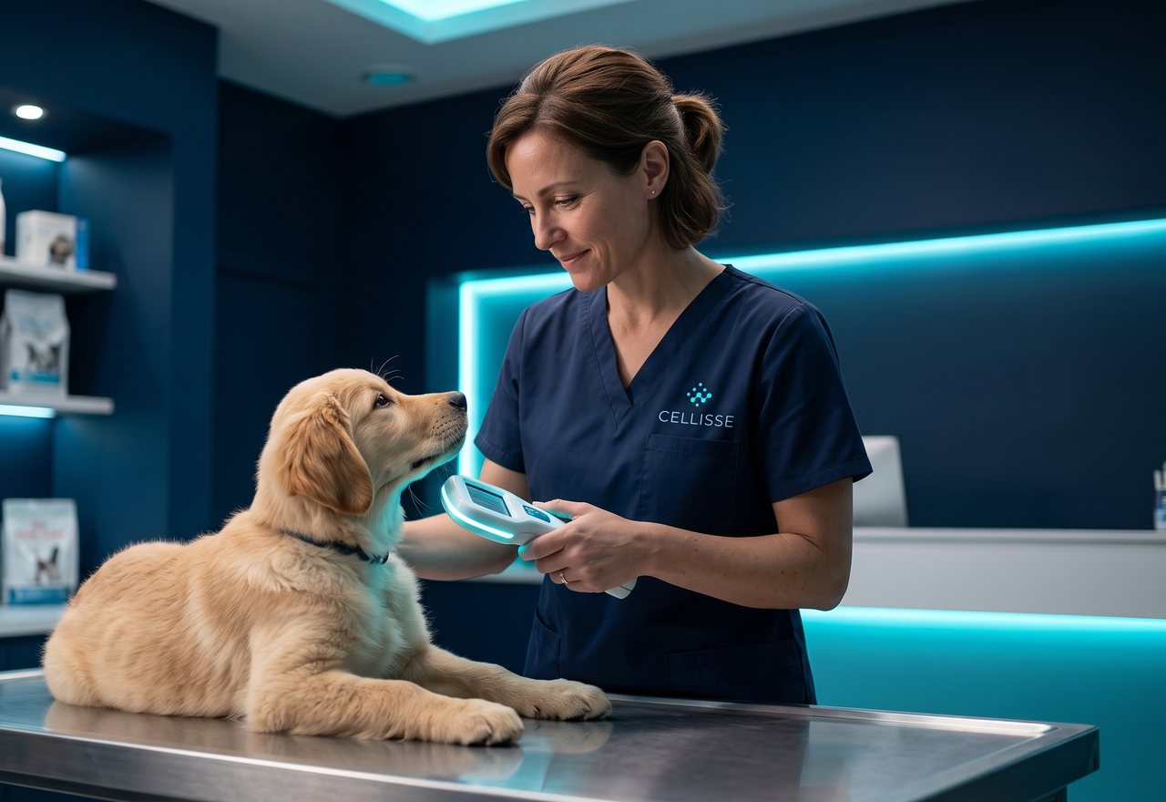 Veterinaria examinando a un cachorro en consultorio